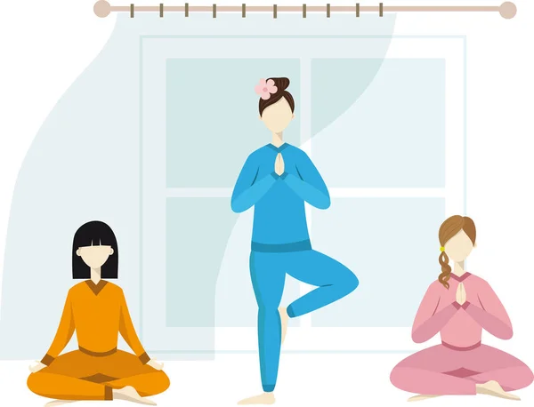 Yoga sınıfı düz kadınlar yoga meditasyon vektörü imajı çiziyorlar.
