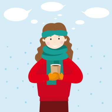 Tasarımın için kahve vektörü imajı olan kış kadını.