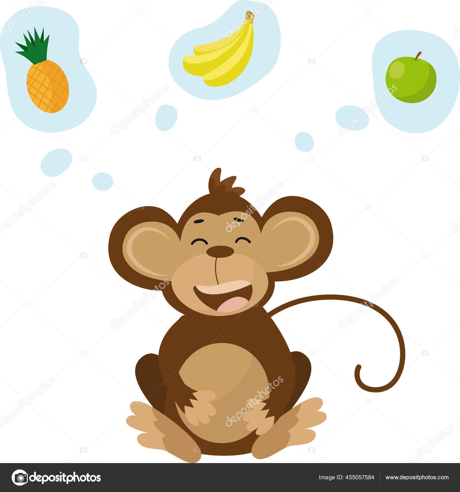 Vektor Ilustrasi Lucu Kartun Monyet Dengan Pisang Apel Dan Nanas Stok Vektor Annabeck 455057584