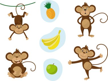 Muz, elma ve ananas vektör resmiyle farklı pozlarda maymun koleksiyonu