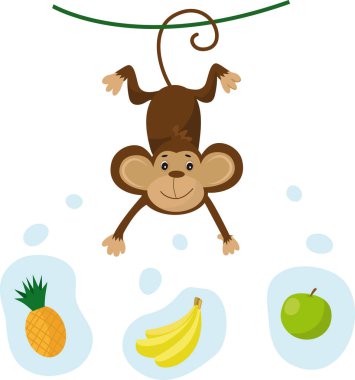Dizaynınız için muz, elma ve ananaslı şirin bir maymun çizimi.