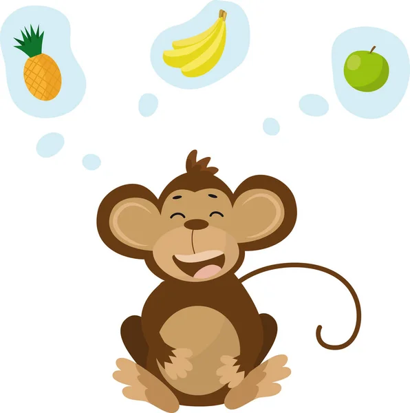 Dizaynınız için muz, elma ve ananaslı şirin bir maymun çizimi.