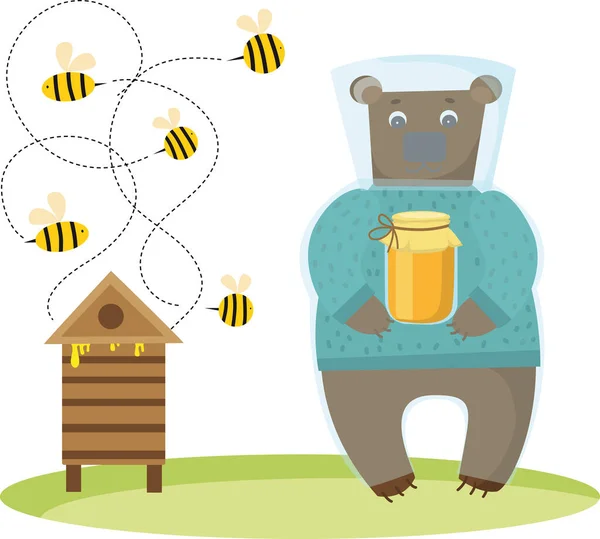 Vector Illustratie Beer Imker Met Honing Pot Bijen Schattig Cartoon — Stockvector
