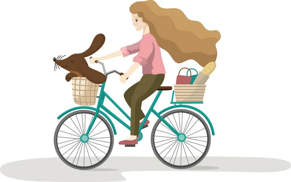 Young Woman Riding Bicycles Dog Natural Landscape Background Vector Illustration — Stock Vector