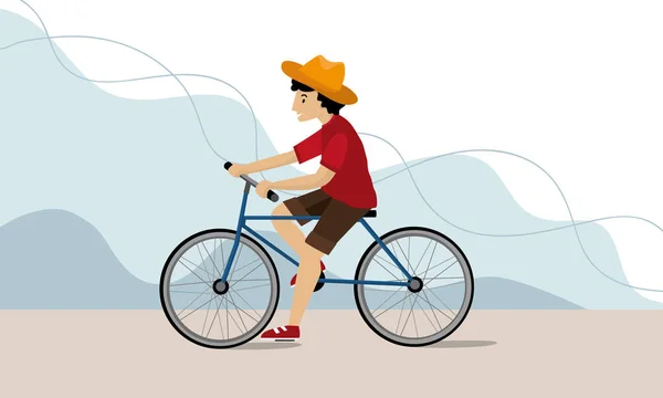 Young Man Riding Bicycles Natural Landscape Background Vector Illustration — Stock Vector