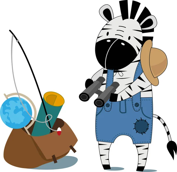 Zebra küçük kaşif, sırt çantası ve globusuyla maceralara atılır. Çocuklar için sevimli bir hayvan karakteri. Çocuk olayları için vektör grafikleri.