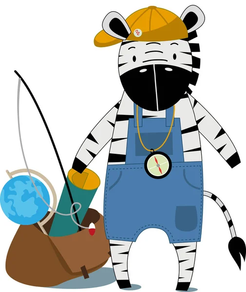 Zebra küçük kaşif, tüylü, sırt çantası ve küresiyle maceralara atılır. Çocuklar için sevimli bir hayvan karakteri, beyaz üzerine izole edilmiş çizgi film sanatı..  