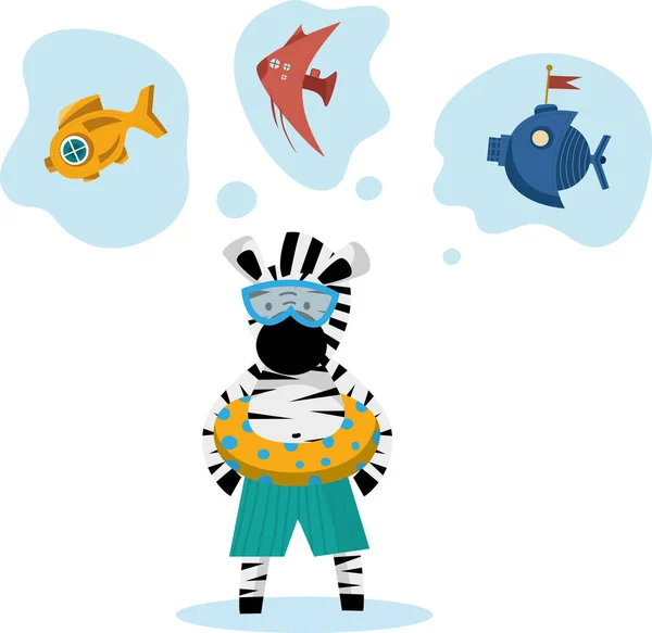 Zebra yüzme ve yüzme gözlüğü ile yüzmeye gider. Çocuklar için sevimli bir hayvan karakteri, beyaza izole edilmiş çizgi film sanatı. Vektör resmi