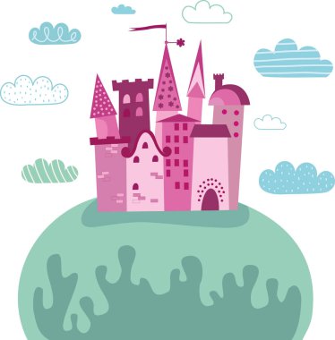 Vektör illüstrasyon, beyaz arka planda pembe kale. Küçük prenses için..