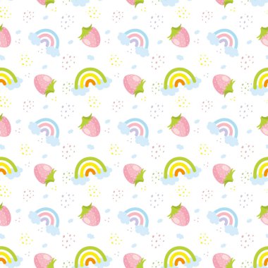 Beyaz arkaplan vektör görüntüsünde çilek ve gökkuşağı renksiz desen.