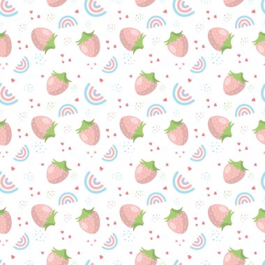 Beyaz arkaplan vektör görüntüsünde çilek ve gökkuşağı renksiz desen.