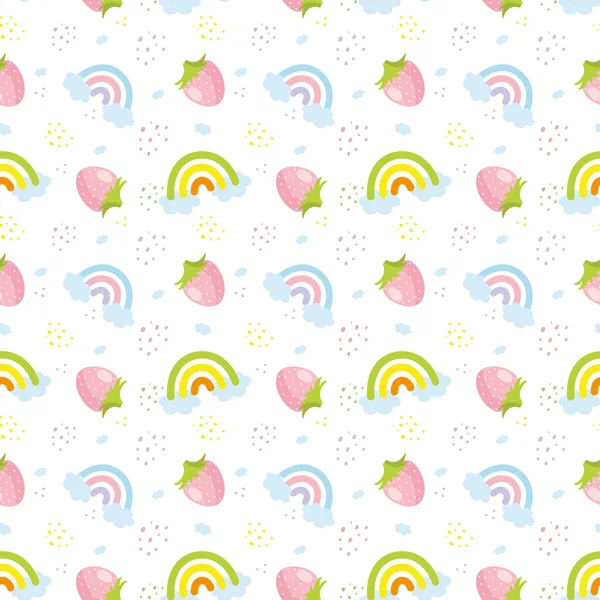 Beyaz arkaplan vektör görüntüsünde çilek ve gökkuşağı renksiz desen.