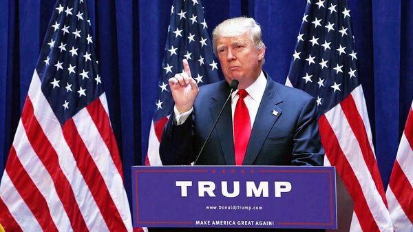 Washington, DC / USA - June 16 2015: Donald Trump's Presidential Announcement Speech, angry serious look with finger gesture.