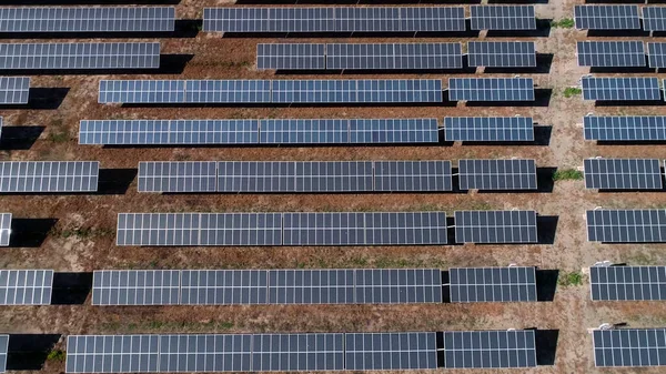 Células Paneles Solares Granja Vista Aérea Durante Día Soleado Desierto — Foto de Stock