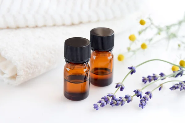 Essential oils with herbs — Stock Photo, Image