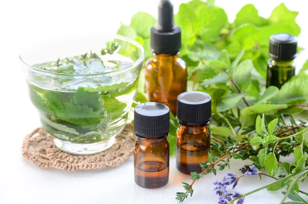 Essential oils with herbal drink — Stock Photo, Image