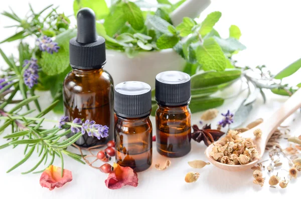 Natural apothecary with essential oils — Stock Photo, Image