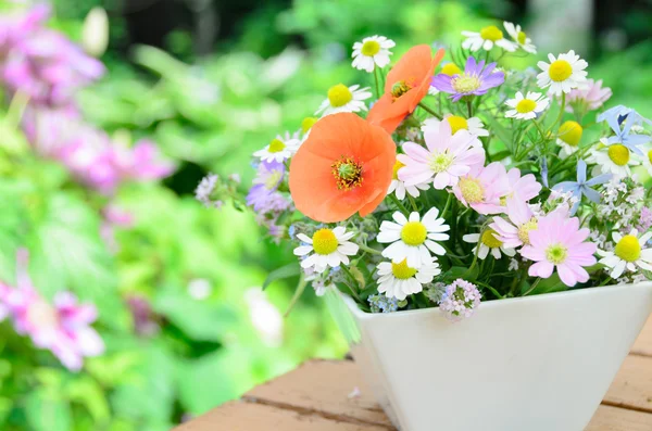 Flores de amapola y hierbas en el arreglo — Foto de Stock