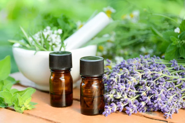 Essential oils with herbs in garden spa — Stock Photo, Image