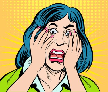 Kadın panikledi, korktu, şok oldu. Pop art retro el çizimi biçim vektör tasarımı çizimleri.