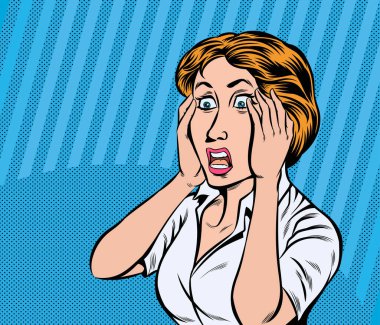 Kadın panikledi, korktu, şok oldu. Pop art retro el çizimi biçim vektör tasarımı çizimleri.