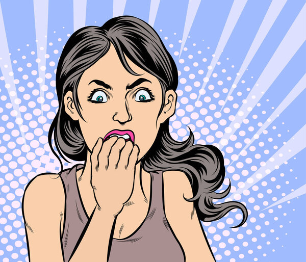 Woman panicked, frightened, shocked. Pop art retro hand drawn style vector design illustrations.