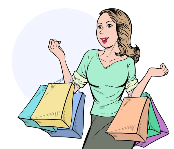 Women Enjoy Shopping Big Discounts Buying Products Gifts She Carried — Stock Vector