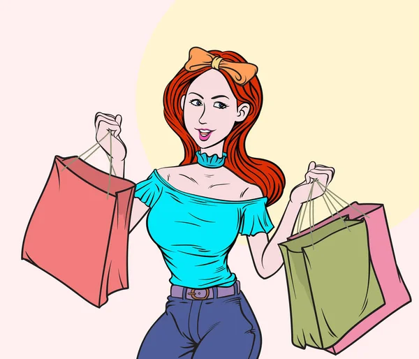 Nők Élvezik Vásárlást Nagy Kedvezményeket Termékek Ajándékok Vásárlását Két Kézzel — Stock Vector