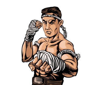 Dünya Tayland Boks Sanatı eldiven giymeden, iki elini de iple sararak, MUAY THAI, SIAM KARD CHUEK olarak adlandırarak eski bir boks kültürüdür. Pop sanat vektörü illüstrasyonu