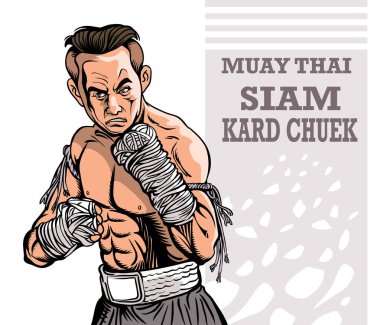 Dünya Tayland Boks Sanatı eldiven giymeden, iki elini de iple sararak, MUAY THAI, SIAM KARD CHUEK olarak adlandırarak eski bir boks kültürüdür. Pop sanat vektörü illüstrasyonu