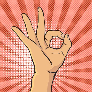 El gösterimi iletişim jestleri Tamam pop sanat stili renkli vektör illüzyonu.