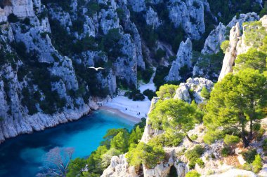 Fransız Rivierası 'ndaki En-Vau Calanque Milli Parkı' ndaki derin vadi.