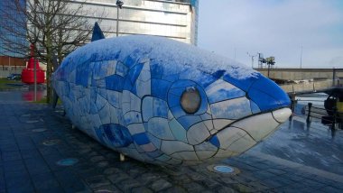 Belfast rıhtımındaki büyük mavi balık.