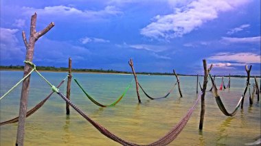Colorful hammocks in lagoa do Paraiso near Jericoacoara in Brazil clipart
