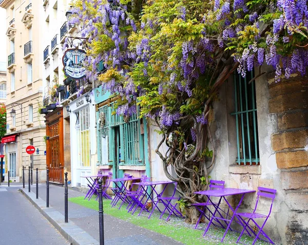 Café Vieux Paris Arcole Con Una Glicina Floreciente Mes Mayo —  Fotos de Stock