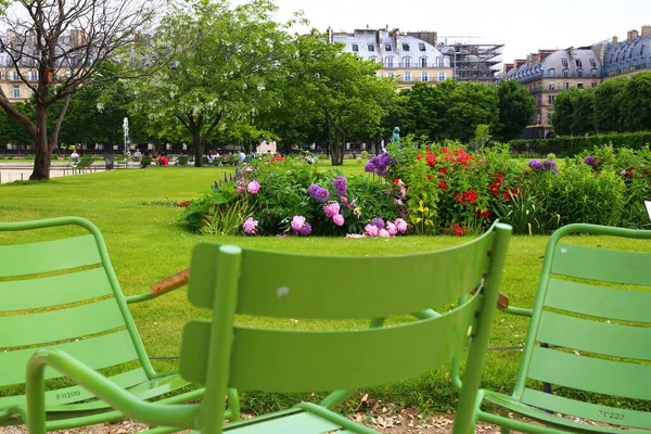 Yeşil Sandalyeli Çiçekli Çeşmeli Rahatlatıcı Tuileries Parkı — Stok fotoğraf