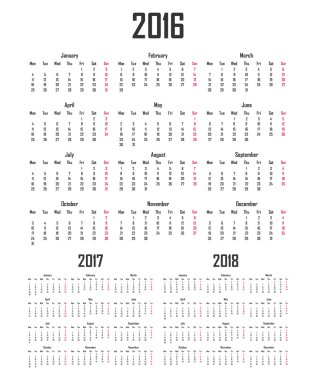 2016, 2017 ve 2018 Takvimi. Hafta Pazartesi günü başlar