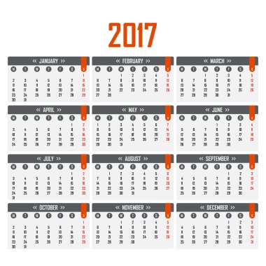 2017 Takvimi. Hafta Pazartesi günü başlar