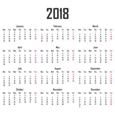 Takvim için 2018. Hafta Pazartesi günü başlar