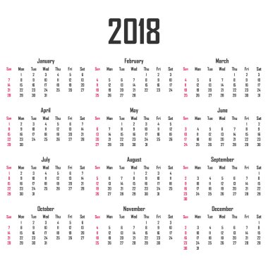 Takvim için 2018. Hafta Pazar günü başlar