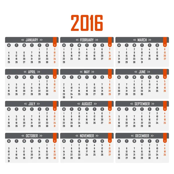 Calendario para 2016. La semana comienza el lunes — Vector de stock