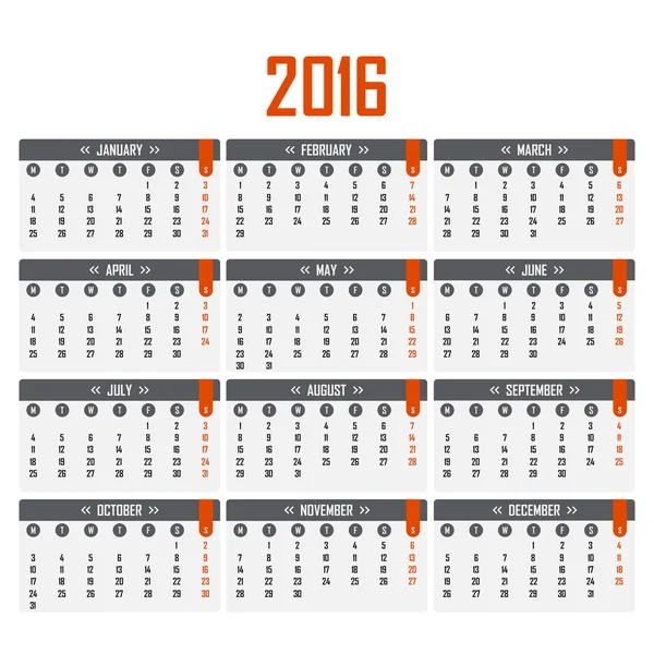 Calendrier 2016. La semaine commence le lundi — Image vectorielle