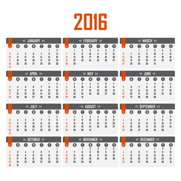Calendario para 2016. La semana comienza el domingo — Vector de stock