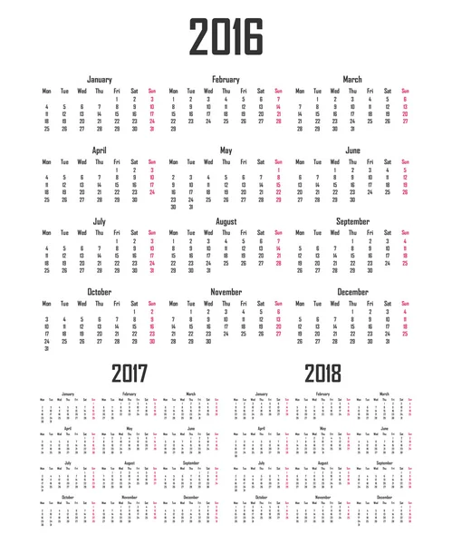 Calendario para 2016, 2017 y 2018. La semana comienza el lunes — Vector de stock