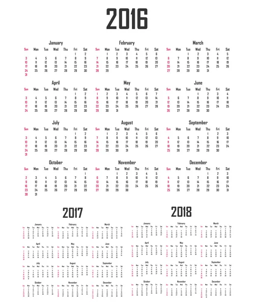 2016, 2017 ve 2018 Takvimi. Hafta Pazar günü başlar