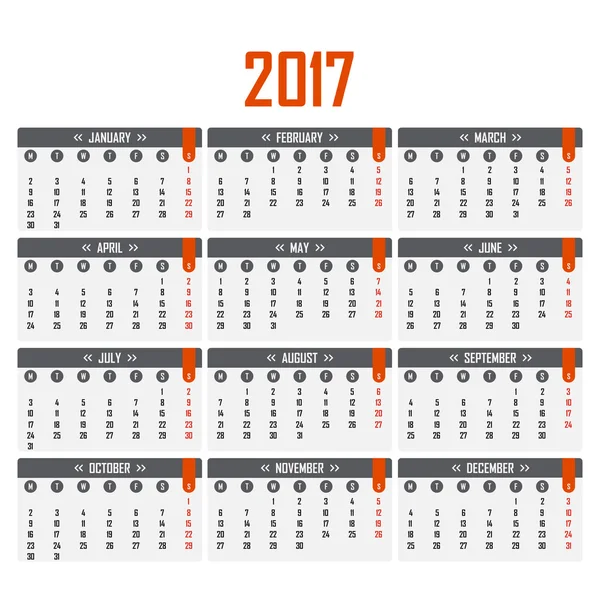 Calendario para 2017. La semana comienza el lunes — Vector de stock