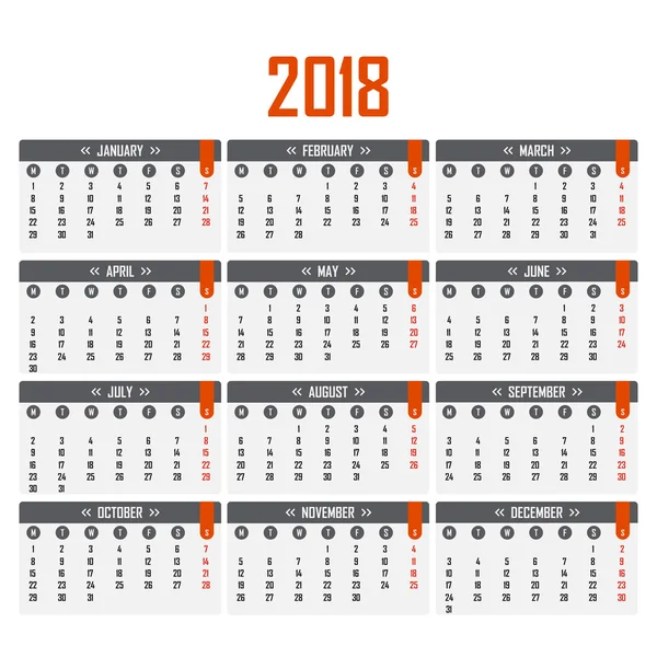 2018 的日历。周从星期一开始 — 图库矢量图片