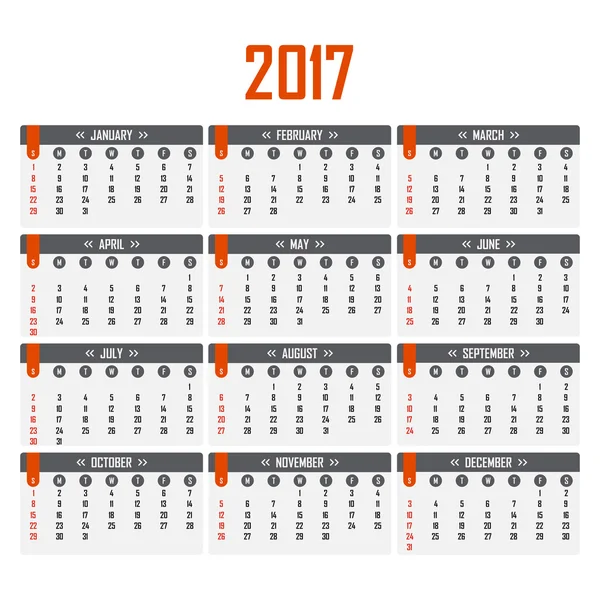 Calendario para 2017. La semana comienza el domingo — Vector de stock