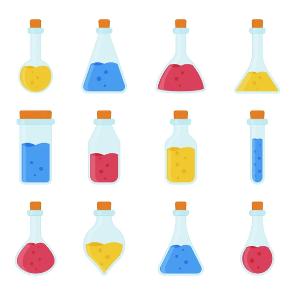 Kimyasal, biyolojik bilim laboratuvar cihazları - test tüpleri ve şişeler simgeler — Stok Vektör