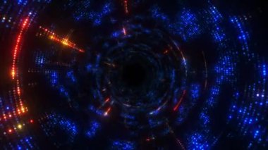 Soyut noktalı teknoloji dijital tünelinden geçin. Çember şeklinde. Parlak döngülü hareket arkaplanı